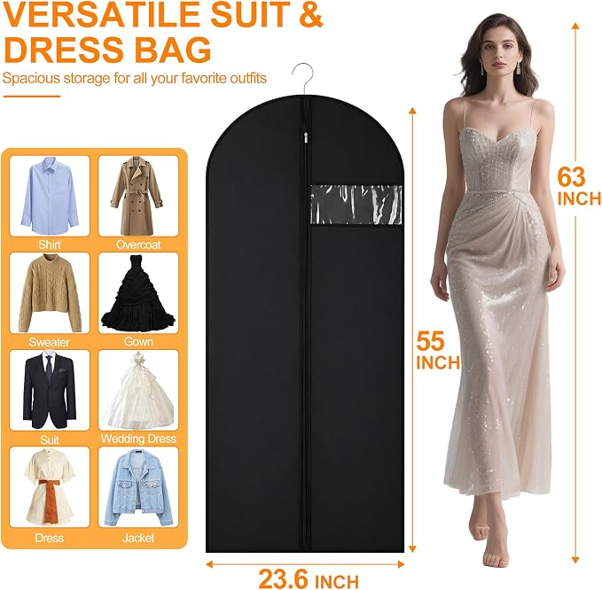 Garment Bags for Travel & Hanging Clothes, 55" Suit Bag for Closet Storage, Lightweight Dress Bags for Gowns Long, Dustproof Garment Covers with Clear Window & Reinforced Zipper, Black (1 Pack)