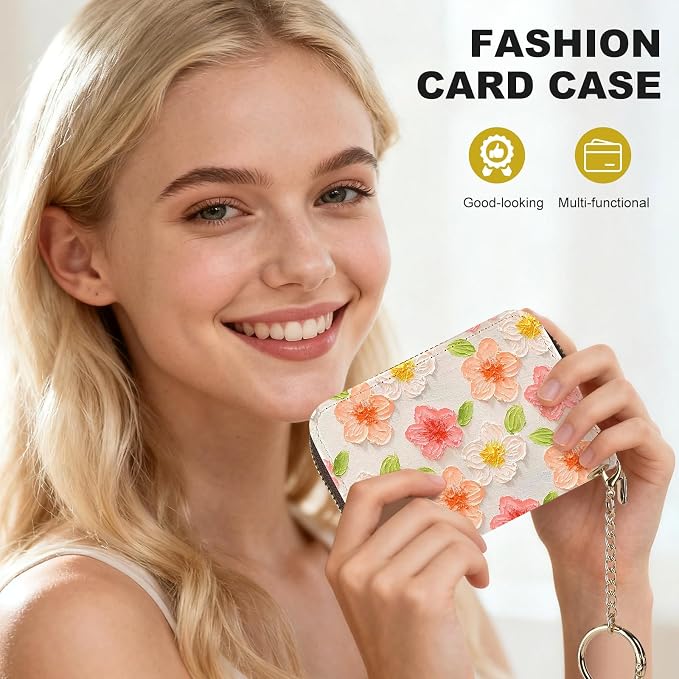 Credit Card Holder for Women,Small Rfid Wallet with Keychain Zipper,Cute PU Leather Card Case Wallet，Accordion Credit Card Wallets Gift,Pink Watercolor Flowers
