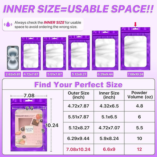 100 PCS Resealable Mylar Bags with Frosted Clear Window Bags Packaging Bag Foil Pouch Zipper Bag for Food Self Sealing Storage Supplies (7.08x10.24, Purple)