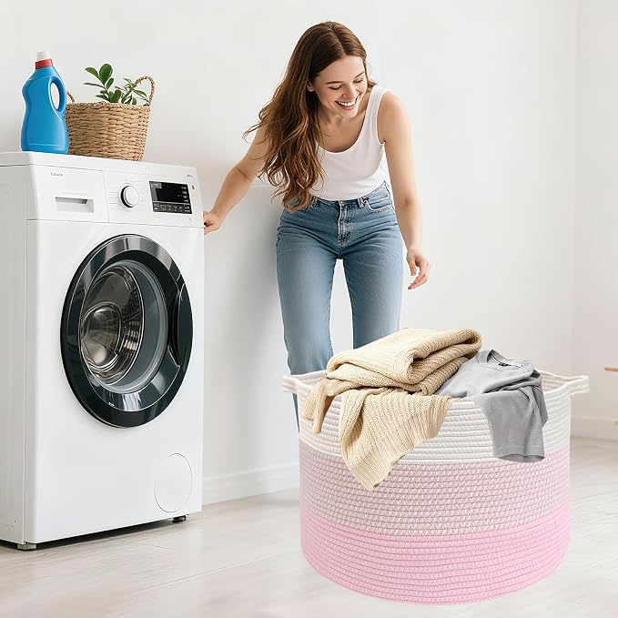 115L Extra Large Blanket Basket,Woven Rope Laundry Basket Hamper with Handles, Decorative Nursery Basket Storage Bin for Toys, Clothes Organizer, Living Room, Bedroom, Bathroom, Pink