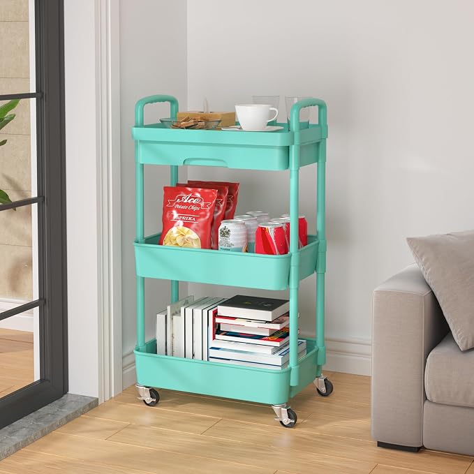 Calmootey 3-Tier Rolling Utility Cart with Drawer,Multifunctional Storage Organizer with Plastic Shelf & Metal Wheel,Storage Cart for Kitchen,Bathroom,Living Room,Office,Green | Space-Saving Organizer, Sturdy Plastic Shelves, Smooth-Rolling Metal Wheel...