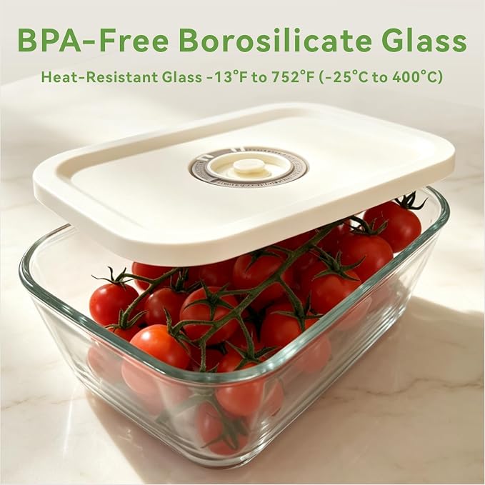 Glass Vacuum Seal Containers for Food Storage, 3 Sizes (16, 27, 47 fl oz), Airtight & Leak-Proof, BPA-Free, Keeps Food Fresh Longer, Ideal for Meal Prep, Compatible With Handheld Compact Vacuum Sealer