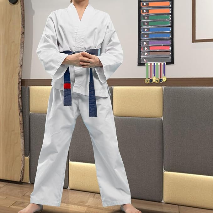 JUXYES Wall Hanging Martial Arts Belts Organizer for 12 Belts, Portable Karate Belt Display Holder with Medals Hanging Stick, Lightweight Taekwondo Belt Organizer for Martial Arts Learners