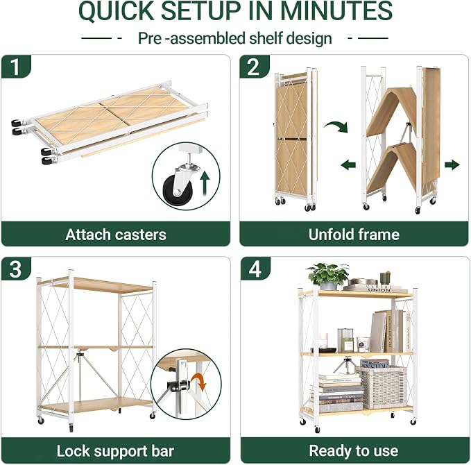black leopard 3-Tier Foldable Shelf with Wheels, Wood-Grain Steel Shelves | Pre-assembled frame unfolds in seconds with tool-free wheel setup for fast, convenient use.