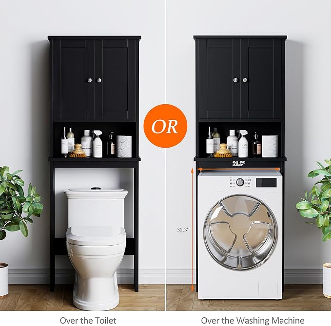 Over The Toilet Storage Cabinet for Bathroom, Black Bathroom Storage Over Toilet, Space Saver W/Adjustable Shelf and Open Shelf, Black