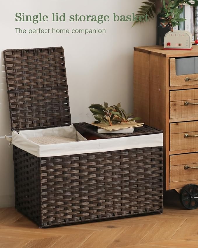 SETVSON Storage Basket with Lid Rattan Storage Basket with 2 Separate Lid, 27.8 Gallon (105 L) 25.2 * 15.4 * 16.1 Inches Woven Wicker Baskets with 2 Liners and Handles for Bedroom Laundry-Brown