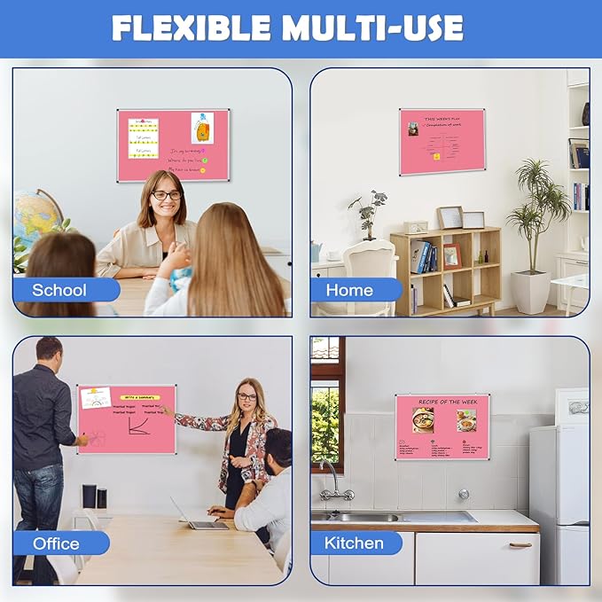 WALGLASS Magnetic Whiteboard 36"x24" Dry Erase White Board for Walls with Pen Tray, Aluminium Frame and Dry-Wipe Writing Surface for Drawing, Home, and Office (Pink)