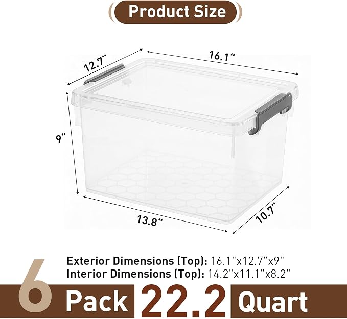 Citylife 22.2 Qt Ultra-Thick Clear Plastic Storage Bins with Lids, 6-Pack Stackable Straight-Wall Closet Organizers with Honeycomb Base & Pinch-Free Latches for Garage, Clothes & Holiday Decor