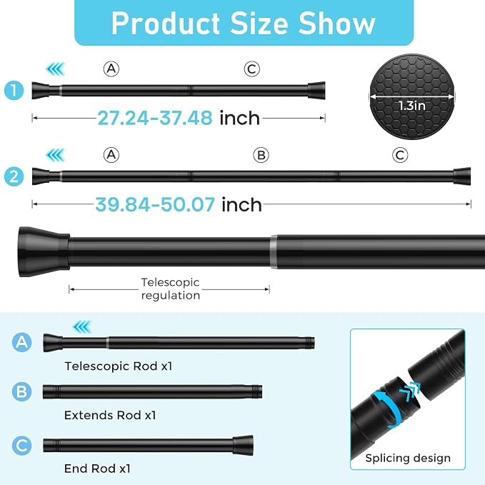 4 Pack Tension Curtain Rod for Windows 28 to 48 inch, Adjustable Extendable Pressure Spring Curtain Rod No Drilling, 7/8" Spring Tension Rod for Closet Door, Black