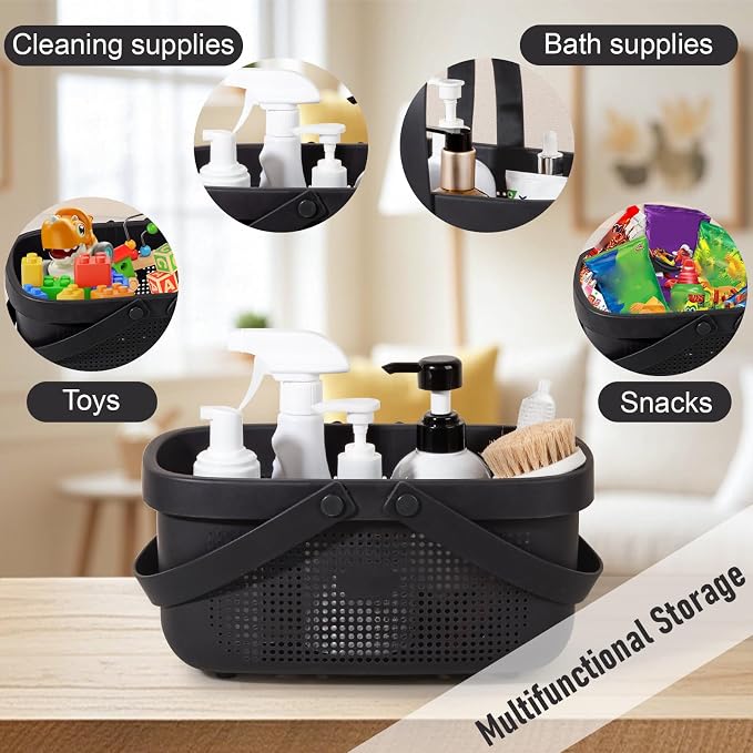 JiatuA Plastic Storage Basket with Handle Portable Shower Caddy Tote Organizer Basket Bin for Bathroom Kitchen Dorm Room Bedroom, Black