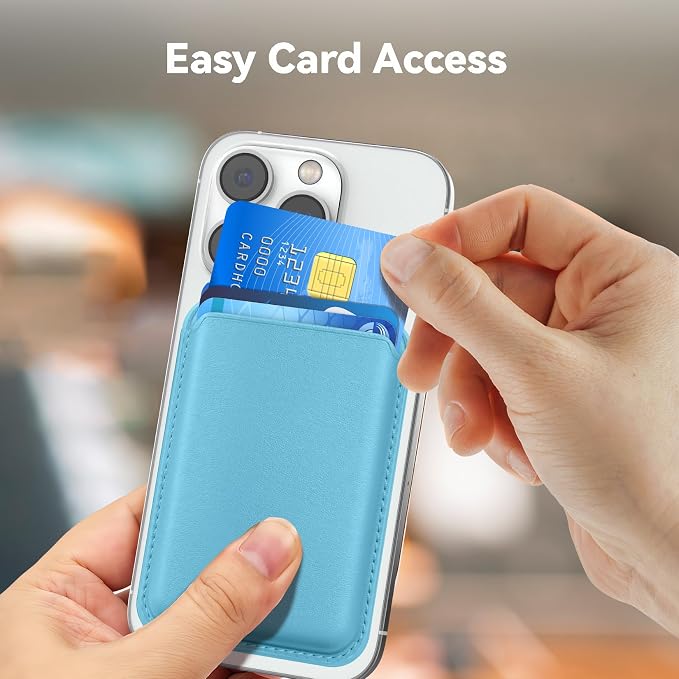 Magnetic Wallet Cell Phone Card Holder for Phone Case with Mag-Safe, Stronger Magnetic RFID Leather Phone Wallet Stick on Series of iPhone 17/16/15/14/13/12 and Pro/Promax, Light Blue
