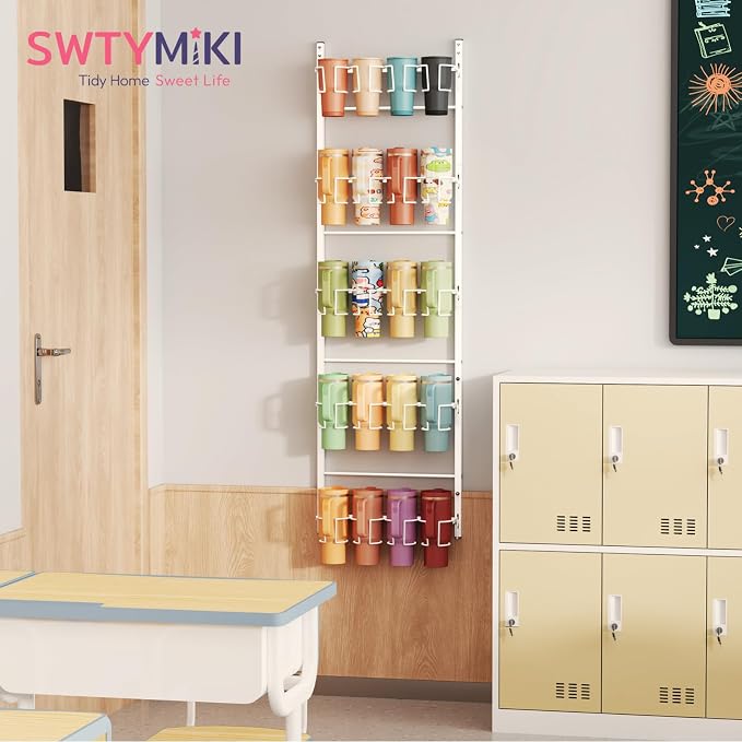SWTYMIKI 5-Tier Water Bottle Organizer – Over the Door Stanley Cup Holder, Cup Organizer for Door or Wall Mount Option, Stanley Accessories for Pantry, Dorm, Office, RV Use, White