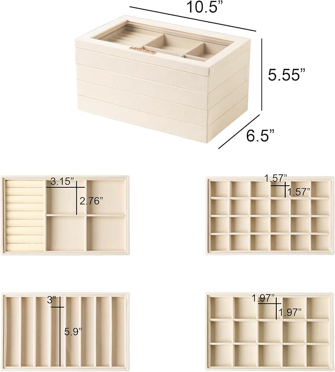 Frebeauty Stackable Jewelry Trays,Set of 4 Jewelry Organizer for Drawer | Glass Lid,Removable Dividers,Real Stackable Design,Velvet Material,Drawer Inserts,Jewelry Box for Earring Rings and Necklace