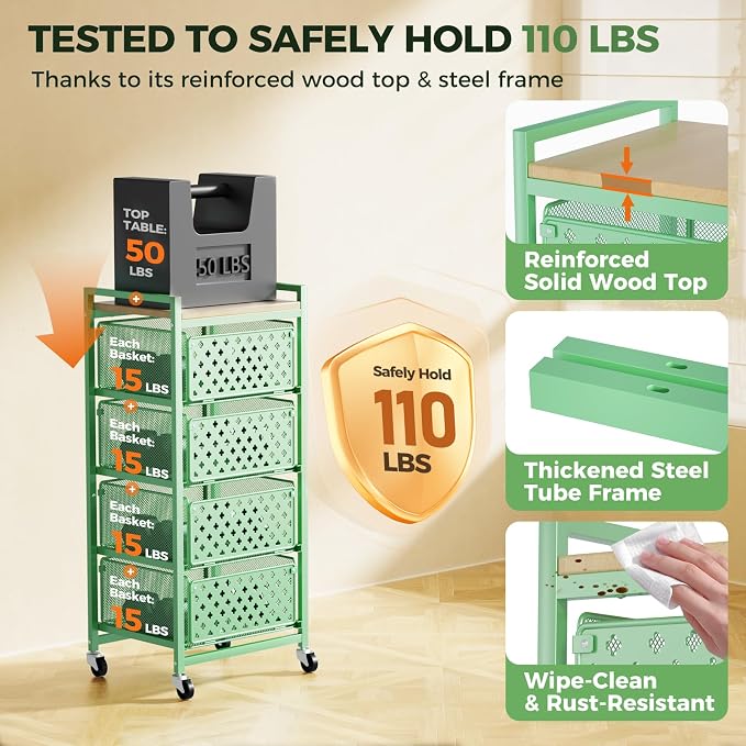5 Tier Kitchen Storage Cart with Wheels, Utility Fruit Vegetable Storage Rack Stand with Pull-Out Baskets & Wood Top, Metal 4-Drawers Rolling Snack Cart, Kitchen Cart for Potato Onion(Green)
