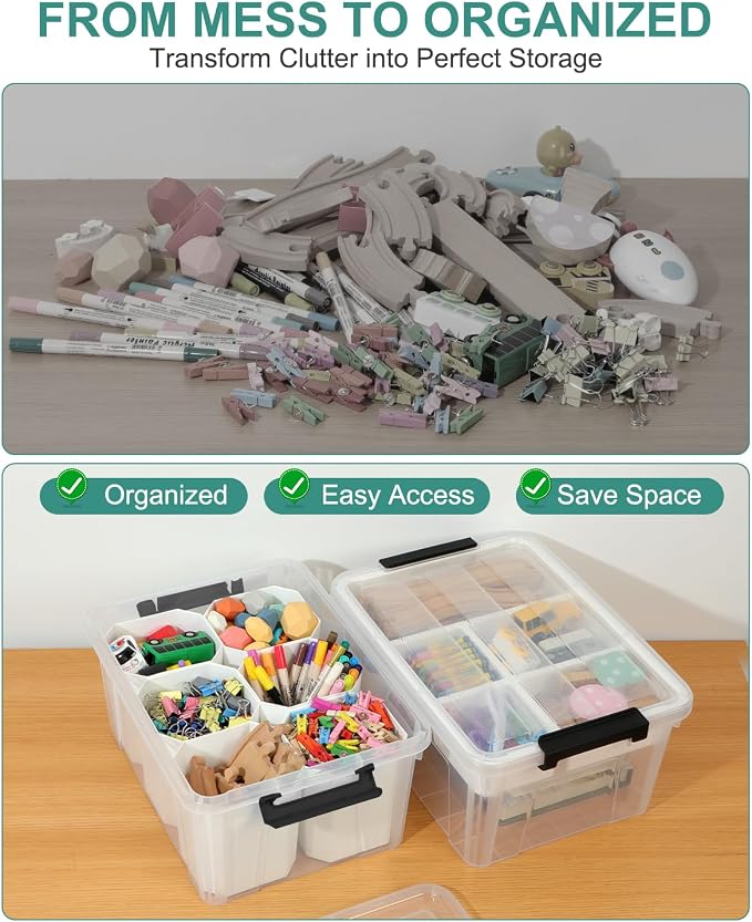 EOENVIVS 17 QT Clear Craft Storage Organizer Box with Removable Tray, Plastic Storage Bins with lids for Kids Art Supplies, Toys, Beads, Tools, Sewing & Classroom