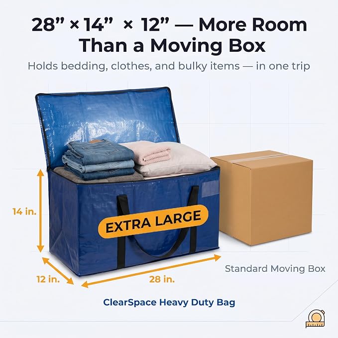 ClearSpace Heavy Duty Moving Bags or Storage Bag – Large Moving Boxes with Backpack Straps, Zippers & Handles – Perfect for Moving, College Dorm, Traveling, Camping, Christmas Decorations, 6 Pack