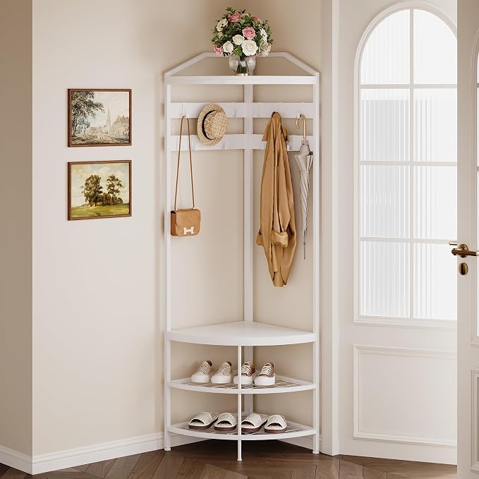 GiftGo Corner Hall Tree with Shoe Bench Entryway Coat Rack with 10 Metal Movable Hooks Freestanding Clothes Rack Shoes Shelf Organizer for Home Office Bedroom (White)
