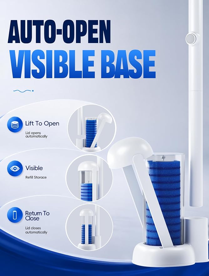 Toilet Brush Kit, Disposable Toilet Bowl Cleaner Brush with Blue Replacement Heads, Press-Button Wand and Self-Closing Freestanding Holder (Toilet Brush + 63 Refills)