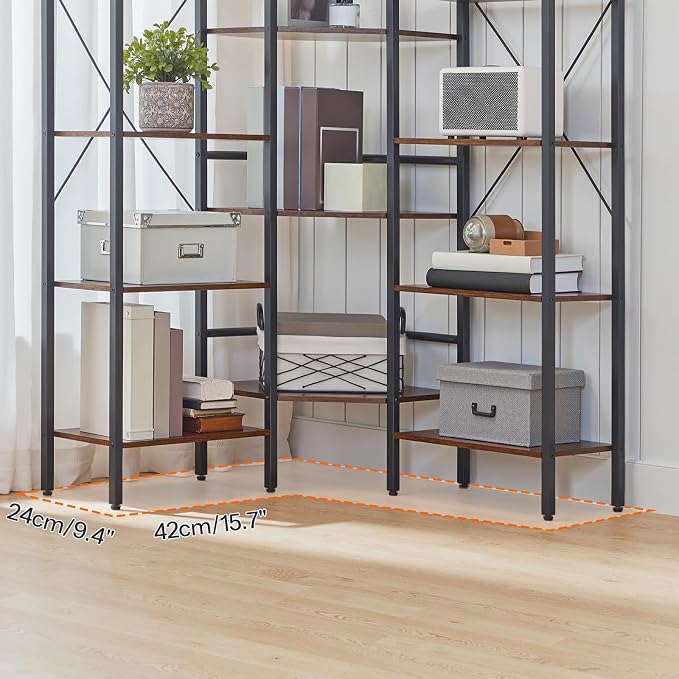 HOOBRO Industrial Corner Bookshelf, 5-Tier L-Shaped Bookcase, Open Display Storage Rack, Floor Standing Storage Shelf, for Living Room, Bedroom, Home Office, Rustic Brown and Black BF68SJ01