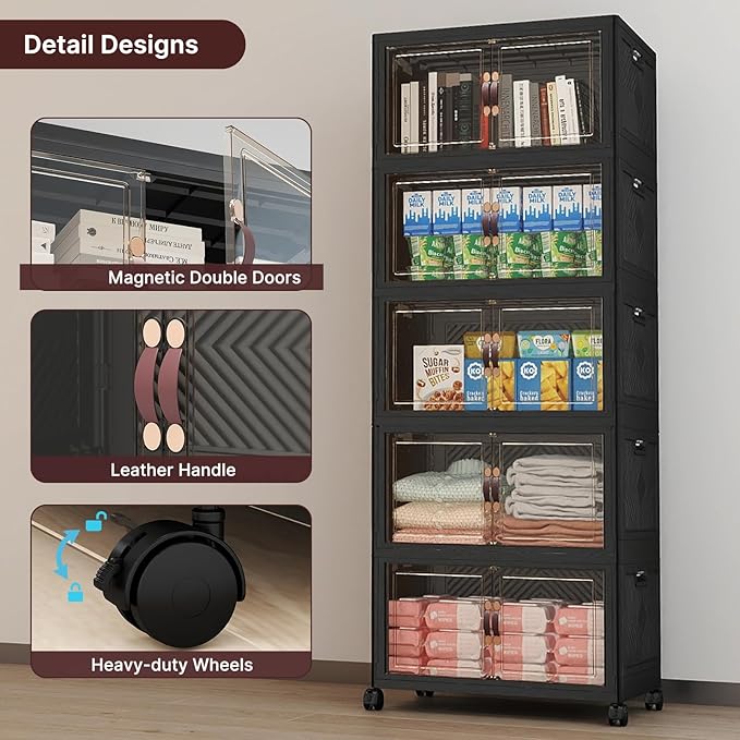 Stackable Storage Bins with Lids, Collapsible Storage Boxes, Foldable Plastic Storage Drawers for Bedroom,Office, Dorm (5, Black, M)