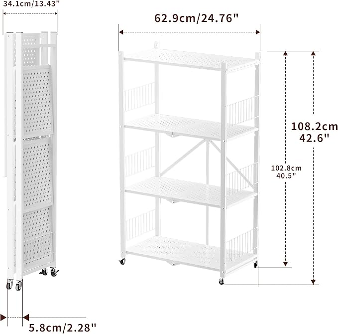 Folding Storage Shelves No Assembly, 4 Tier Foldable Storage Shelves with Wheels, Rolling Collapsible Rack for Pantry Laundry Room Kitchen, White