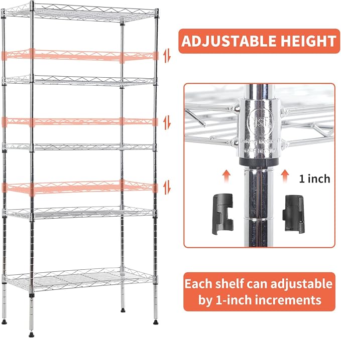 5-Tier Shelving Unit Adjustable Metal Shelves 48" H Storage Rack Wire Shelf for Pantry Kitchen Closet Organization Space Saving, 750LB Capacity, 11.6" D x 21.5" W x 47.6" H, Chrome