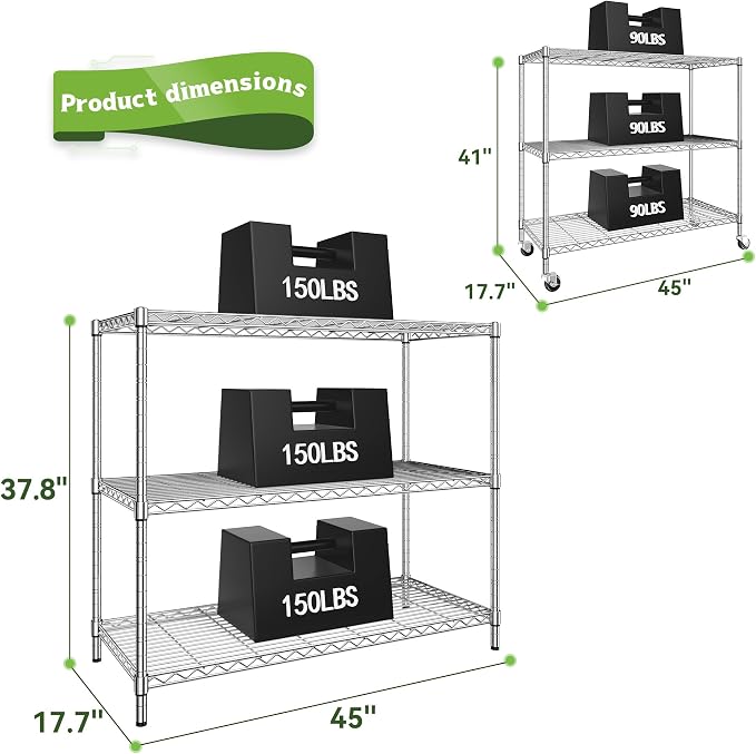 DurayLoly 45" W 3-Tier Metal Shelf on Wheels,450lbs,Kitchen, Laundry,Garage | 19mm chrome steel, 150 lbs/shelf, lock casters or switch to leveling feet, tool-free setup, fits pantry & bedroom