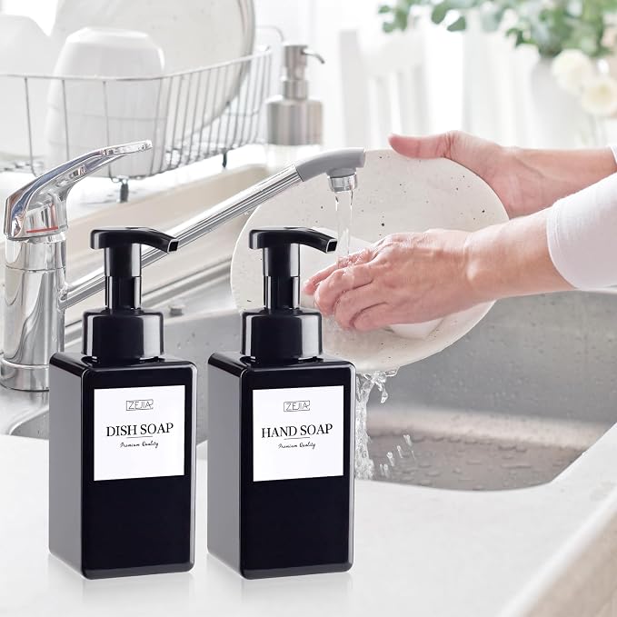15OZ Foaming Soap Dispenser, 2-Pack Plastic Hand Soap Dispenser, Refillable Leakproof Foam Pump Bottle with Waterproof Labels, for Shampoo, Body Wash