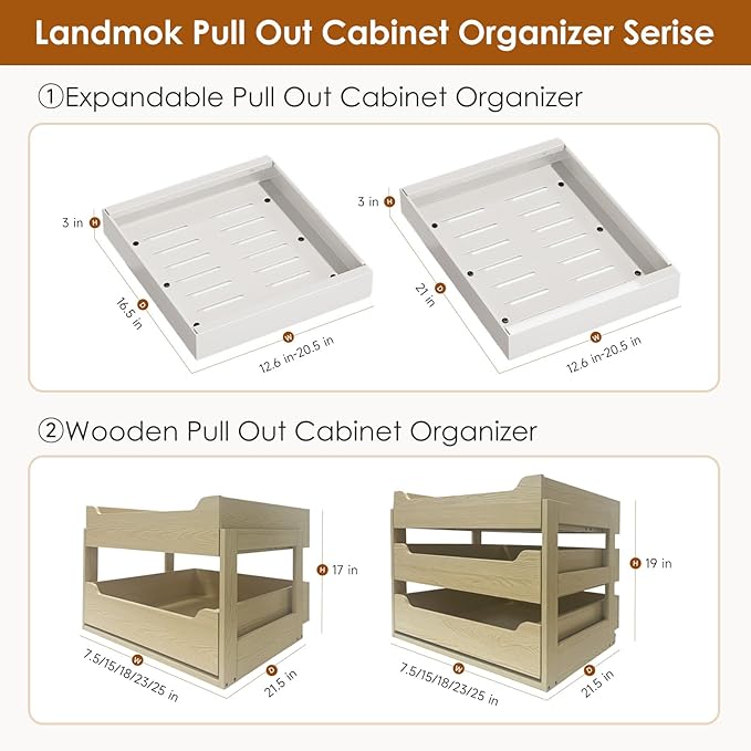 2 Pack Expandable Pull Out Cabinet Organizer 21" Deep, Adjustable Width 12.6"-20.5", No Drill Adhesive with Triple Track Rails, Heavy Duty Slide Out Drawers for Kitchen, Pantry, Cabinets,White