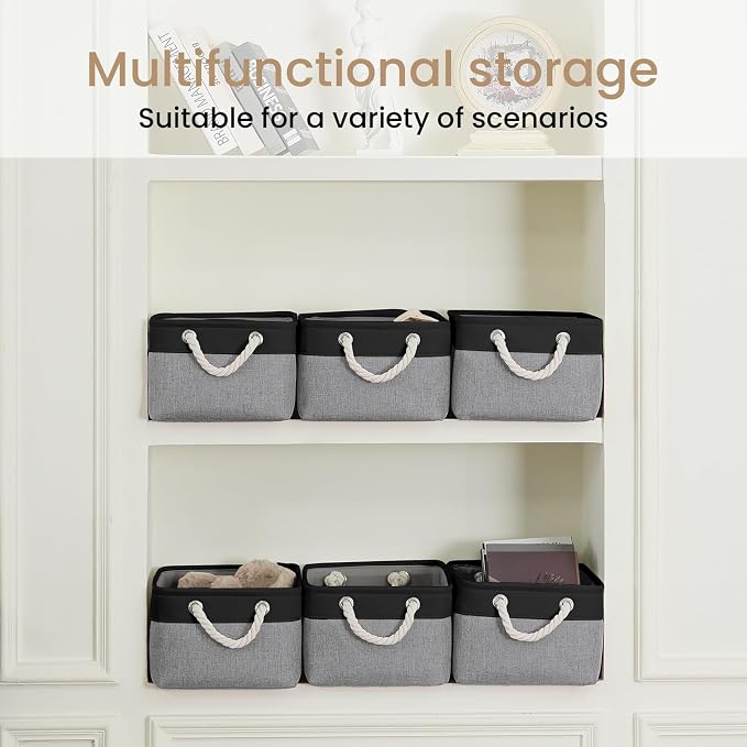 Storage Baskets for Shelves 13.8x9.8x6.7 Inch, Foldable Fabric Storage Bins with Handles, Small Storage Baskets for Organizing Closet, Office, Home Organization (6-Pack, Black&Gray)