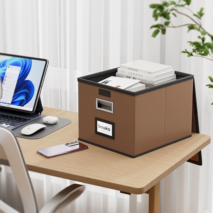 Portable Leather File Organizer Boxes with Lids, Office Document Boxes Organizer, Filing Boxes, Decorative Small File Boxes for Hanging Files with Plastic Slide for Office/Decor/Home