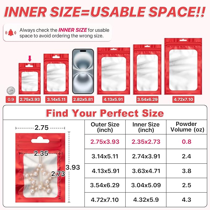 100 PCS Resealable Mylar Bags with Zipper and Frosted Clear Window Smell Proof Packaging Bags Foil Pouch Zipper Bag for Food Self Sealing Storage Supplies (Red, 2.75×3.93)