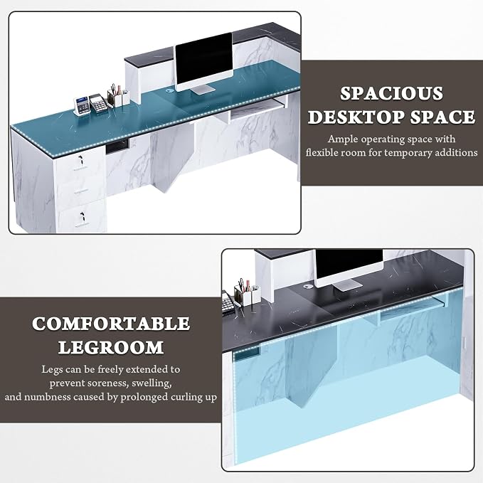 L-Shaped Large Wooden Reception Desk, Modern Front Desk Reception Counter with Lockable Drawers, Storage & Keyboard Tray for Office Lobby Checkout (Right-Black & White, 71''L x 42''W x 41''H)