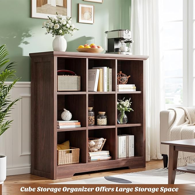 Aheaplus Wooden 9-Cube Storage Organizer with Charging Ports, Modern Cube Bookcase with Base, 4-Tier Floor Standing Open Cubbies Bookshelf, Cubicle Display Shelf for Home and Office, Black Walnut