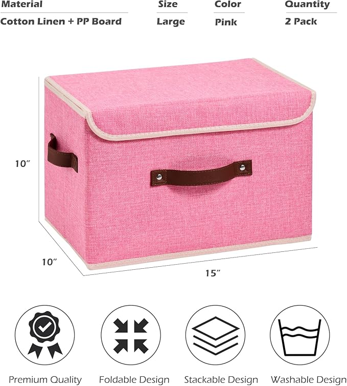 2PCS Storage Boxes with Lid Cotton Linen Fabric Storage Bins Organizer Container Decorative Collapsible Washable Shelf Closet Baskets Faux Leather Handles Home Bedroom (Pink, Large)