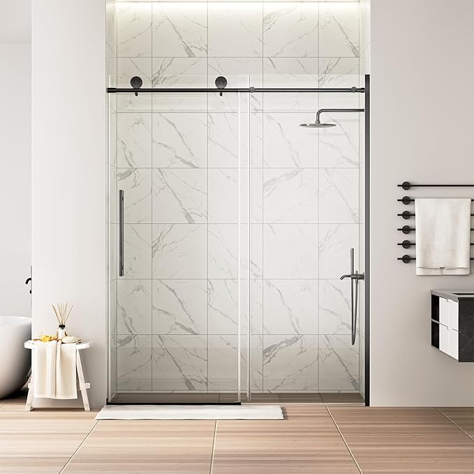 WinZo Frameless Shower Door 56-60 in W x 75 in H, Sliding Shower Door with 5/16"(8mm) Clear Tempered Glass Shower Door, Easy to Clean Bathroom, Silent Soft-Close Design, Matte Black
