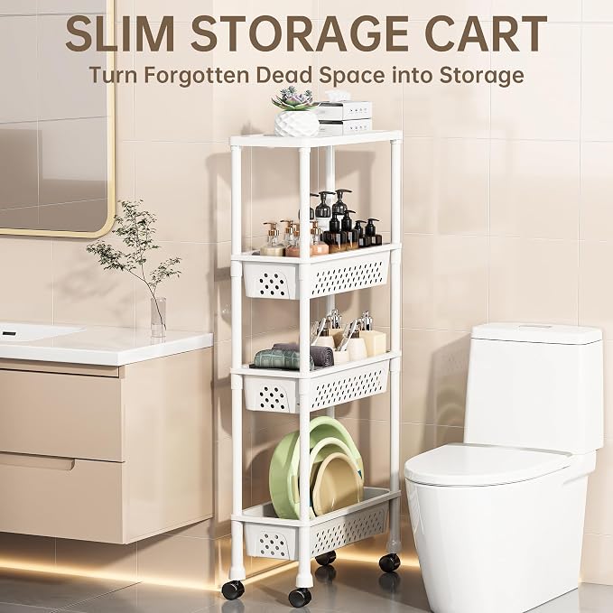 Slim 4 Tier Rolling Storage Cart Narrow Bathroom Organizer on Wheels White | 6.7" wide for tight bathroom/kitchen gaps, extra-tall tier, 360° casters, quick-dry shelves, tool-free storage rack