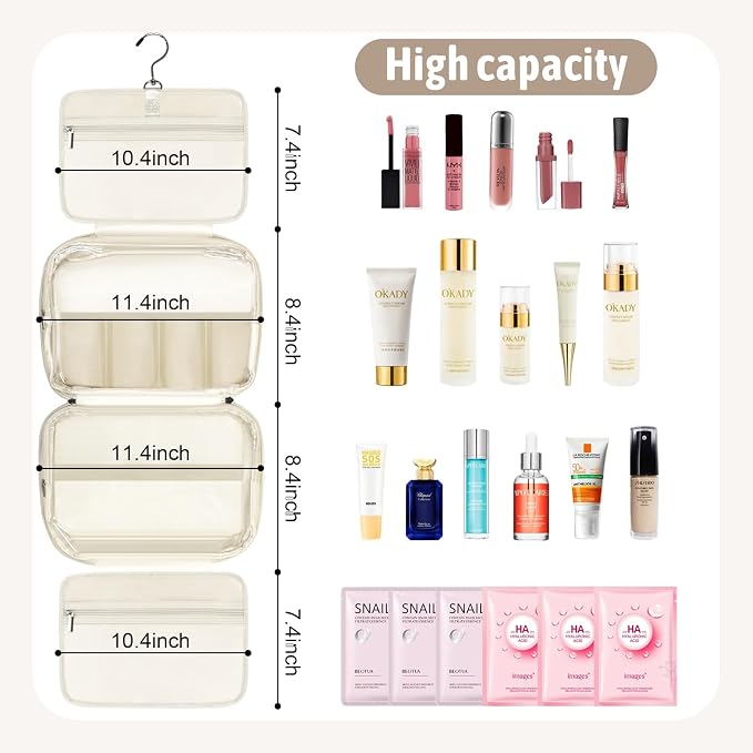 YOPCDJ PU Leather Waterproof Travel Toiletry Bag with Jewelry Organizer, Hanging Travel Bag for Toiletries,Cosmetic Bags for Women Toiletries Organizer with 4 Compartments Portable Travel Essentials