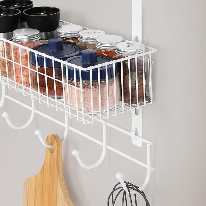 OYEAL 3-Tier Over the Door Hooks Organizer Metal Door Back Baskets | Heavy Duty Hanging Door Storage Organizer with 3 Baskets, 5 Hooks for Kitchen, Bathroom, Office, White