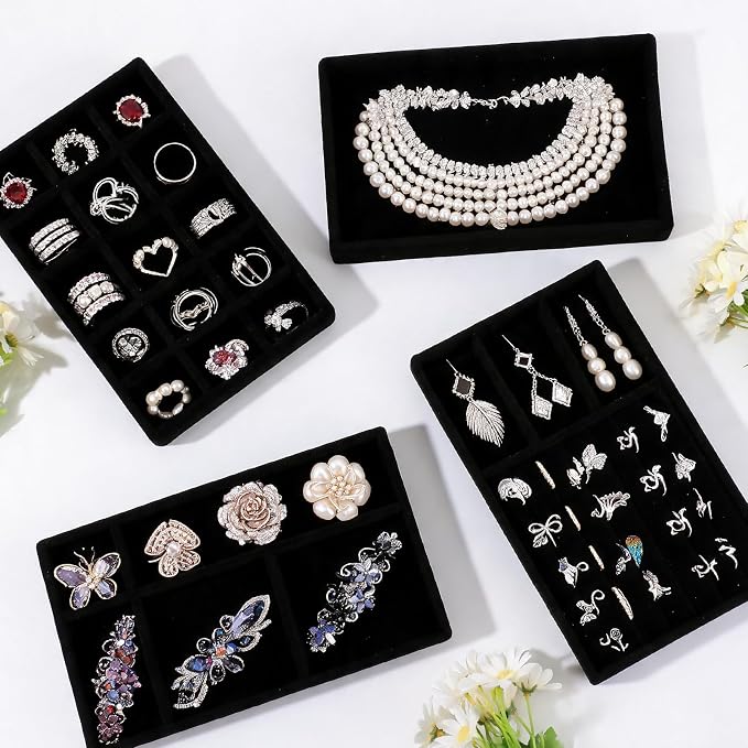 8 Pack 4 Styles Velvet Jewelry Tray, 8" x 5" Jewelry Organizer Tray Stackable Jewelry Storage Tray, Drawer Jewelry Tray for Rings, Earrings, Necklace, Bracelet, Black