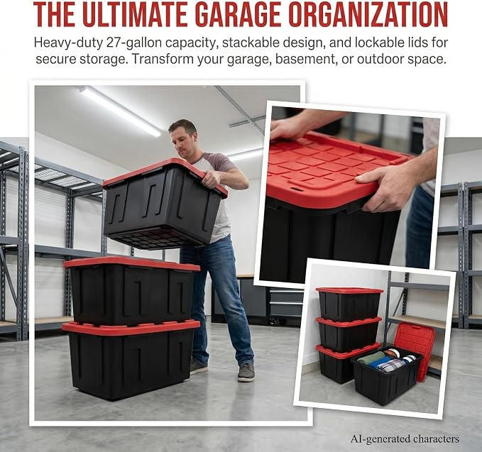 4Pcs 27-gallon Plastic Storage Box, Sturdy and Durable with A Lockable Lid, Suitable for Outdoor, Garage, Basement and Indoor Item Organization, Stackable Storage Box, Black Base and Red Lid