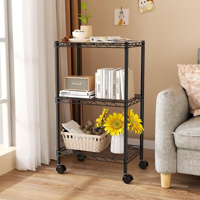 Golpart Small Shelves Storage Wire Metal Adjustable Shelf Unit with Wheels | 3 tier Shelving Organizers Storage Shelving for Bathroom Laundry Room Kitchen Pantry 11.7”D x 17.7”W x 30.7”H Black