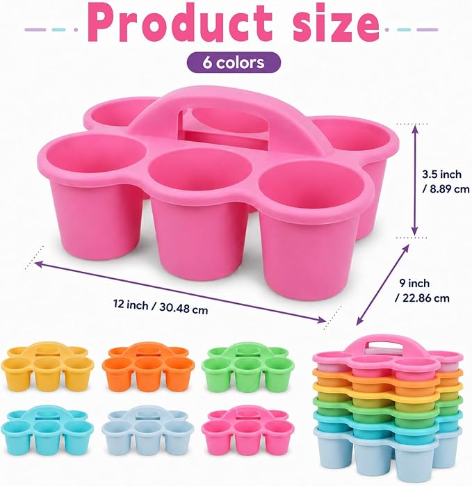6 pack Classroom Caddy with Handle plastic supply caddy with 6 Compartments Drink Cup Caddies Holder Portable Desk Crayon Storage Caddy for Teacher Kids Office School (Pastel)