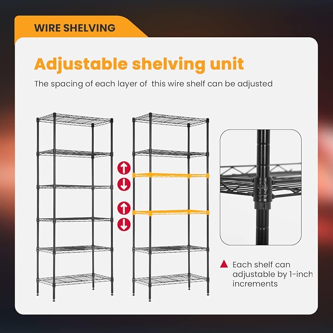 Meet perfect 6-Tier Wire Shelving Unit, 900LBS Heavy Duty Metal Storage Shelves, Adjustable Standing Rack Organizer for Kitchen Pantry Garage Laundry Room, 24" W x 14" D x 61" H
