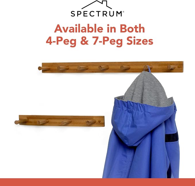 Spectrum 7 Peg Wall Mount Peg Rack Wooden Storage Organizer for Coats Hats Purses Towels, Includes Mounting Hardware and Decorative Plugs, Tie Rack Hanger Belt Holder Closet Accessory, Bamboo Color