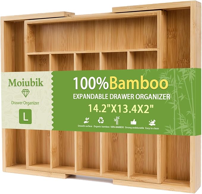 Bamboo Expandable Silverware Drawer Organizer, Adjustable Utensil Tray Cutlery Holder for Kitchen Drawer, Flatware Storage Organizer for Spoons, Forks and Knives, Natural (8 Slot,)