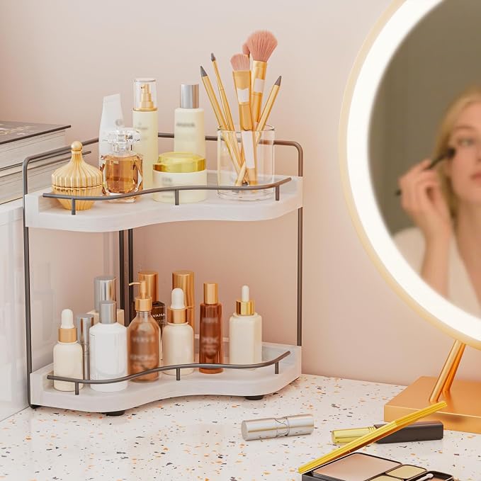 2-Tier Corner Bathroom Counter Organizer for Storage, White | Larger Size, Solid Wood, Embedded Screw Holes, sink and Vanity Countertop Organizer for Perfume, Skincare & Makeup Storage