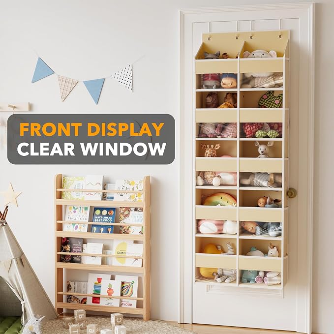 SpaceAid Extra Large Over The Door Organizer with 10 Large Pockets and 10 Mesh Side Pockets, 5 Layers Door Organizer Hanging with Clear Window for Bedroom, Bathroom, Pantry and Nursery, Beige