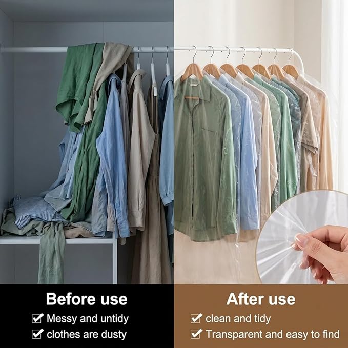 10Pcs Clear Plastic Garment Bag 71 Inch Dry Cleaner Hanging Clothes Cover | Long waterproof garment bags for travel moving storage. Plastic protective cover for dresses gowns suits dance costumes.