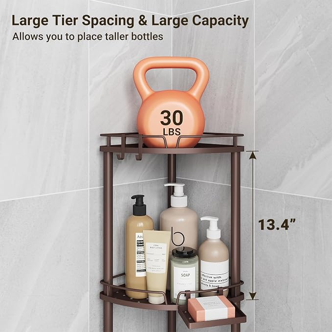 ELYKEN Corner Shower Caddy Standing, 4 Tier Rustproof Metal Shower Organizer with Soap Holder, Floor Shower Corner Shelf Rack Storage Stands with Adjustable Feet & 2 Hooks for Bathroom, Bronze